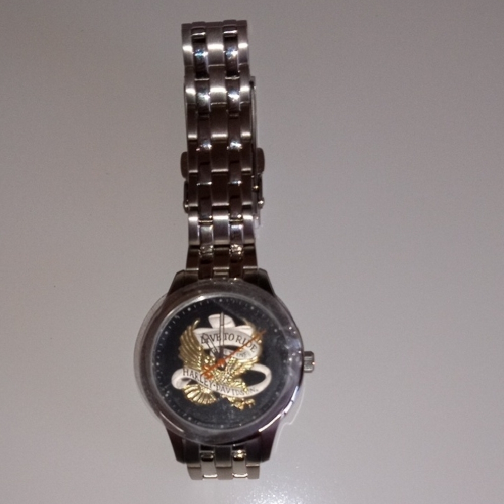 Harley-Davidson Bulova Black and Silver Live to Ride Watch with Gold Eagle